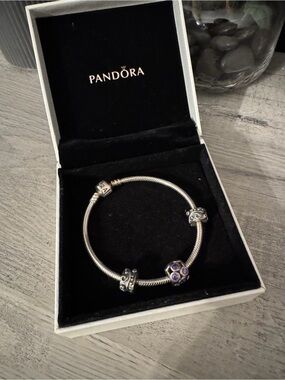 Pandora Silver Charm Bracelet with Purple Flower Accent
